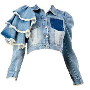 Plus Size, One Shoulder Ruffled, Cropped, Denim Jacket